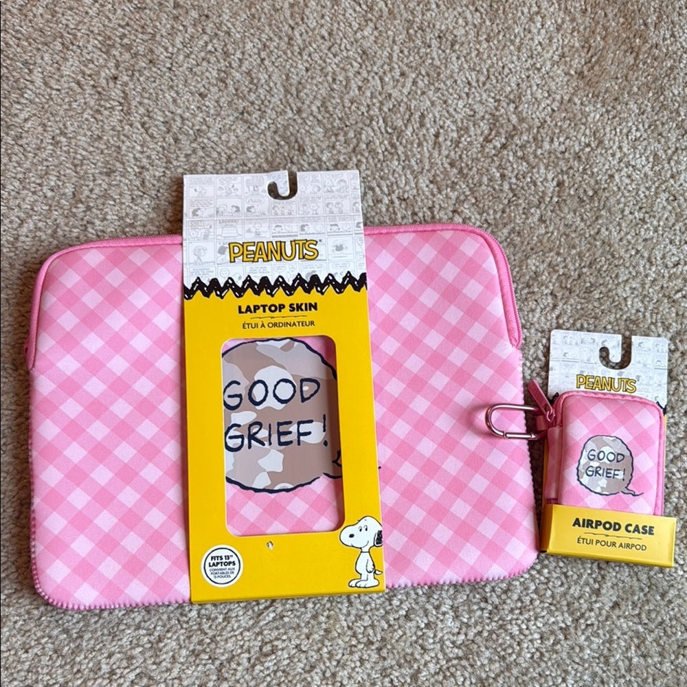 Peanuts good grief Pink Checkered Laptop Skin and Airpod Case accessory